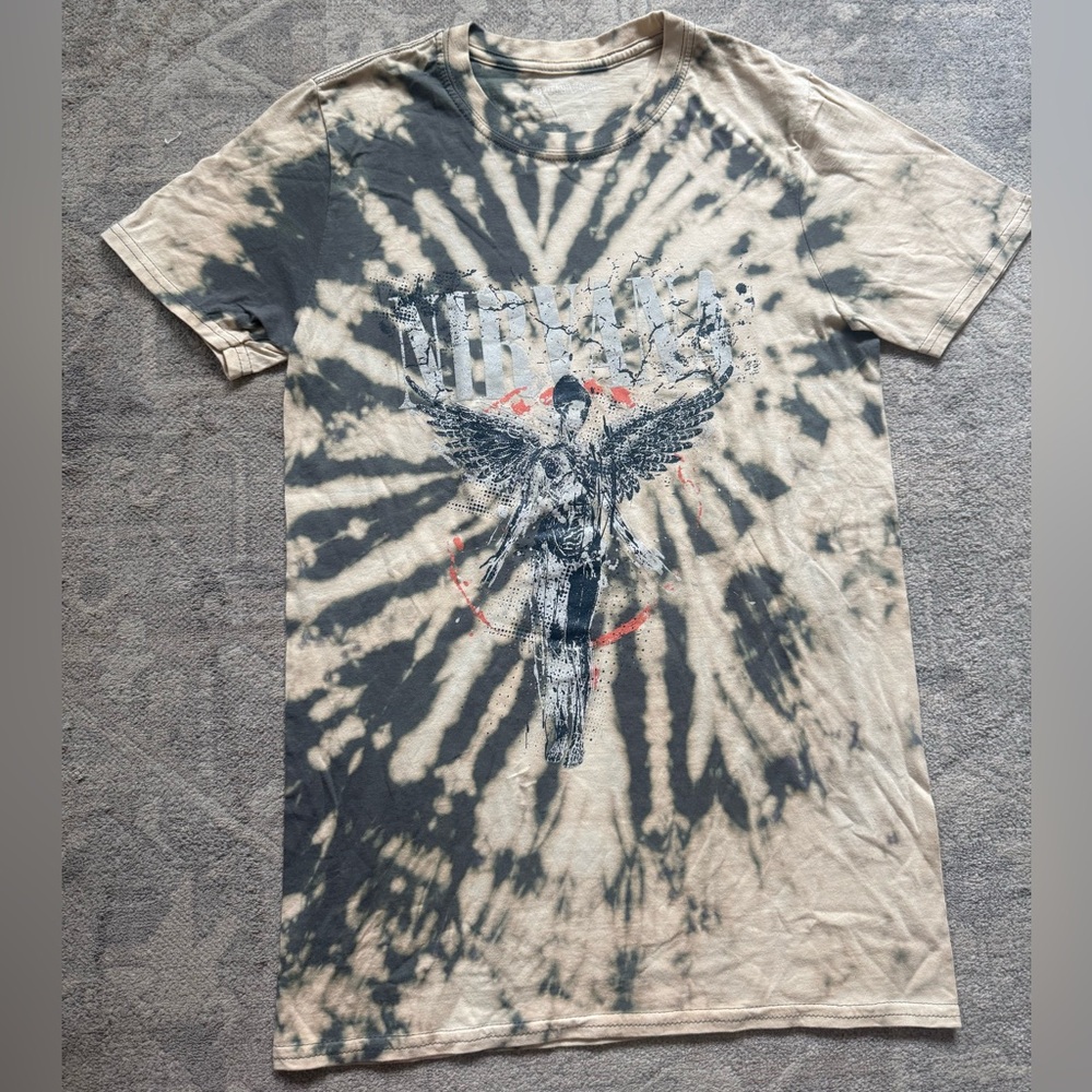 Custom Tie-Dyed NIRVANA Gray and Cream Band Tee